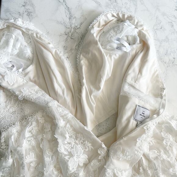 DB Studio 3D Fooral Lace Mini V Neck Dress Women’s Size 14 Bride Wedding NEW - Picture 9 of 14